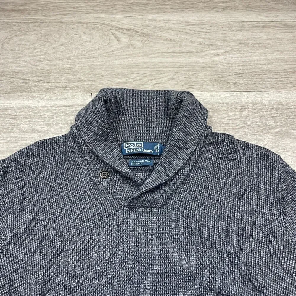 Vintage Polo Ralph Lauren Sweater Mens Medium Gray Merino Wool Shawl Neck Golf
